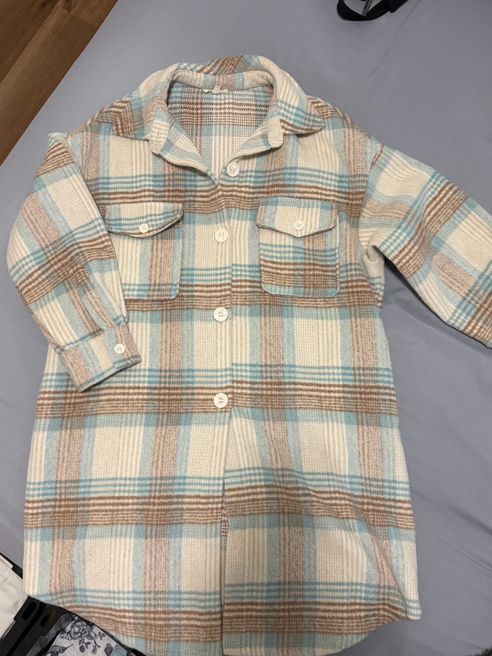 Plaid Button-Up Shacket in Cream, Light Blue & Tan